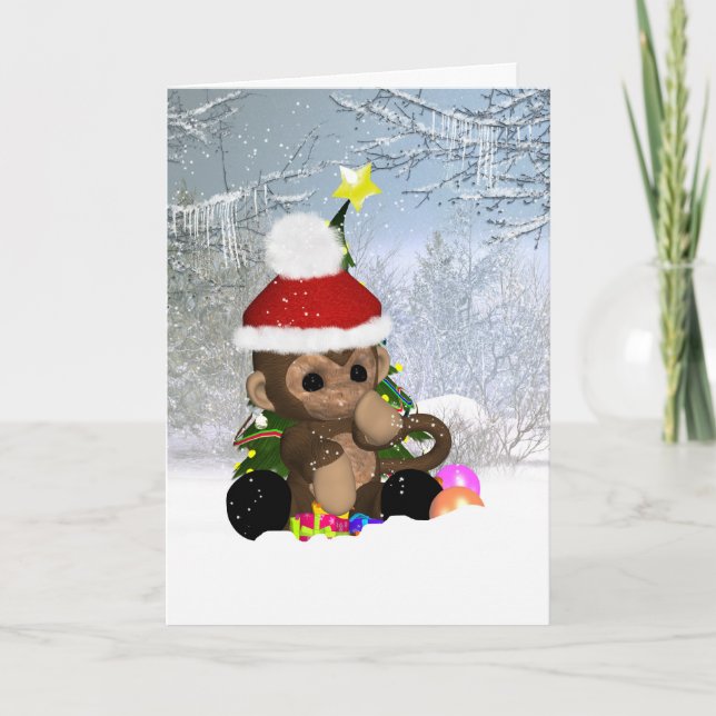 Festividades Cartão De Natal De Macaco, Macaco Bonito Na Neve (Frente)