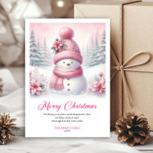 Cartão de Natal de menino de neve rosa brilhante p