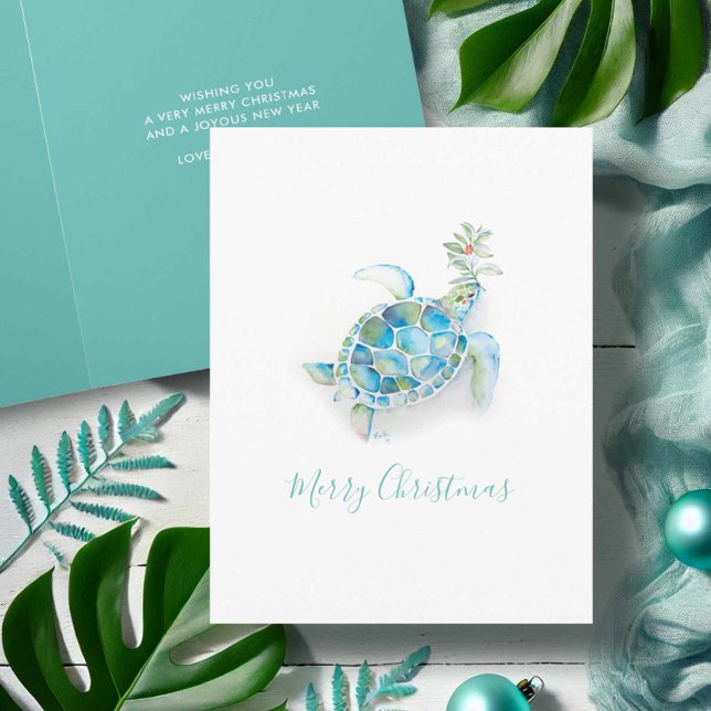 Festividades Cartão de Natal de Praia com Tartaruga Marinha em  (Coastal Christmas cards turquoise watercolor sea turtle art by Victoria Grigaliunas Do Tell A Belle)