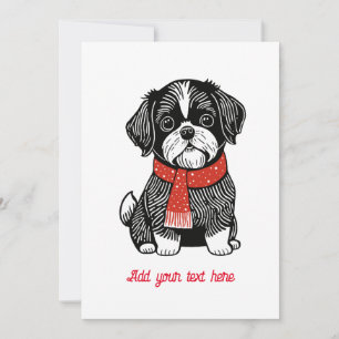 Festividades Cartão de Natal de Shih Tzu no Estilo Linocut Retr