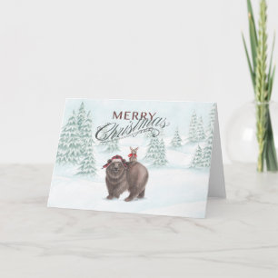 Festividades Cartão de Natal de Urso e Coelho Horizontal