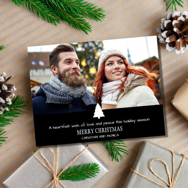 Festividades Cartão de Natal de Xadrez de Árvore de Pinheiros d (Modern Couple Pine Tree Photo Plaid Christmas Card)