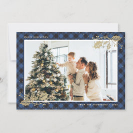 Festividades Cartão de Natal de Xadrez Dourada azul Elegante