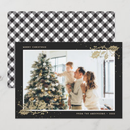 Festividades Cartão de Natal de Xadrez Dourada preto Elegante
