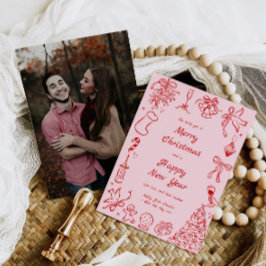 Festividades Cartão de Natal Desenhado à Mão - Doodle Xmas Rosa