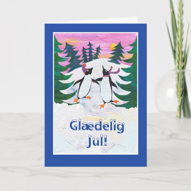 Festividades Cartão de Natal Dinamarquês - Pinguins de Patinaçã (Frente)