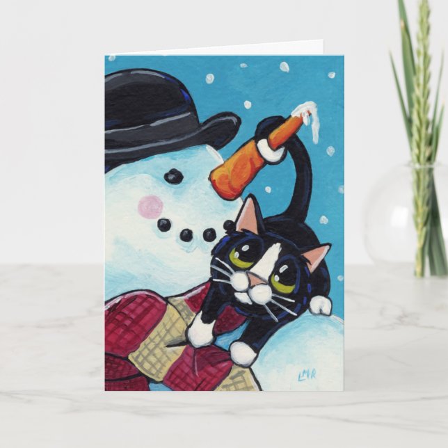 Festividades Cartão de Natal do boneco de neve do gato e do (Frente)