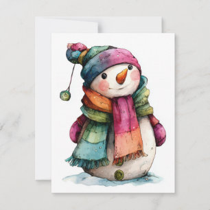 Festividades Cartão de Natal do Boneco de Neve em Aquarela Fofa
