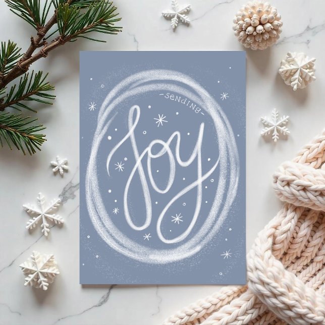 Festividades Cartão de Natal dobrado e sem foto com alegria esc ("Joy"- a hand-lettered forward holiday card surrounded by swirling snow. By Clearlytangled Studio.)