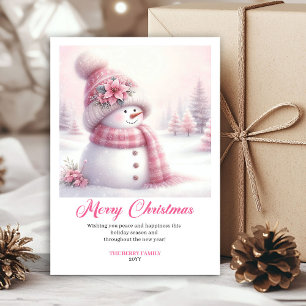 Festividades Cartão de Natal editável de boneco de neve rosa fe