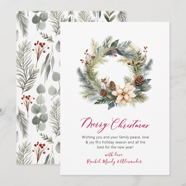 Festividades Cartão de Natal Elegante Red Script Wreath Greener (Frente/Verso)