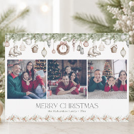Festividades Cartão de Natal em Aquarela com 3 Fotos Elegante