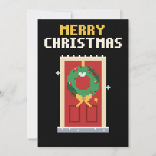 Festividades Cartão de Natal em Pixel Art com Coroa na Porta