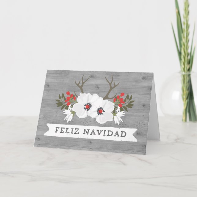 Festividades Cartão de Natal espanhol dos Antlers de madeira (Frente)