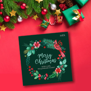 Festividades Cartão de Natal Familiar com Botânica de Aquarela