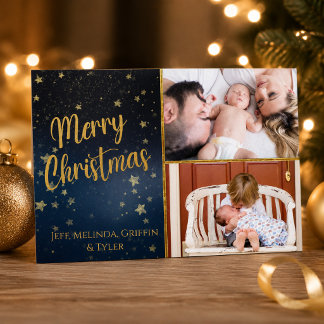 Festividades Cartão de Natal Feliz com duas fotos em dourado e