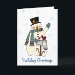 Festividades Cartão de Natal festivo do boneco de neve<br><div class="desc">Cartão feito sob encomenda do Natal feito com os gráficos do primitivo do país. Um boneco de neve festivo vestido no chapéu alto e no lenço está acenando ao lado de uma caixa postal. Personalize o cumprimento na parte dianteira e interior para dizer qualquer coisa que você deseja. Cartão de...</div>