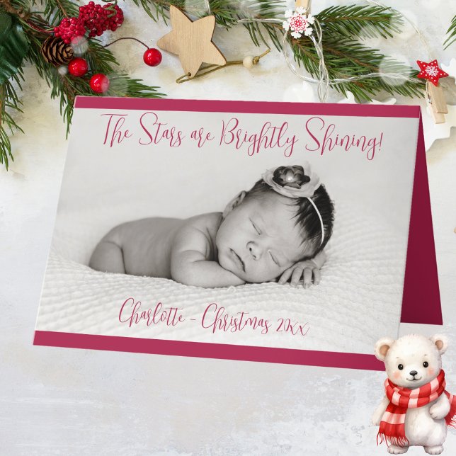 Festividades Cartão de Natal Fotográfico com Nome do Bebê Verme (Photo Christmas Card with Baby Name Red)