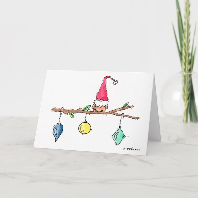 Festividades Cartão de Natal Gnome, galho e ornamentos (Frente)