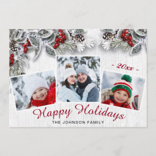 Festividades Cartão de Natal Holly Pine Rustic 3 Photo Holiday