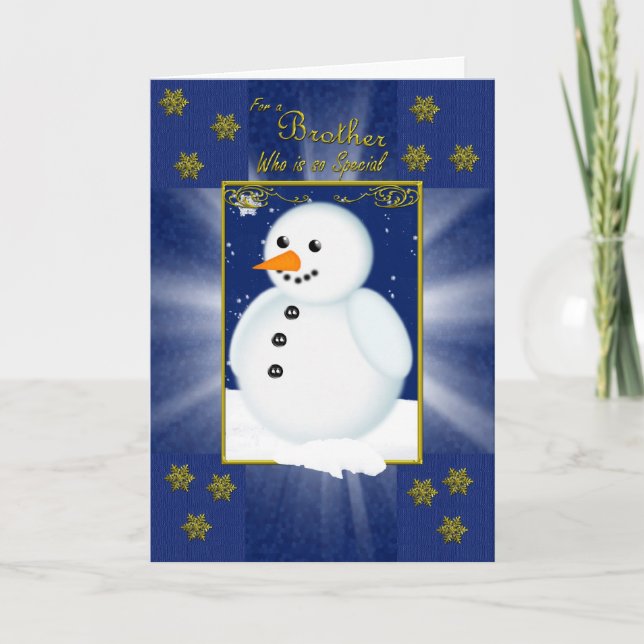 Festividades cartão de natal irmão, azul com boneco de neve (Frente)