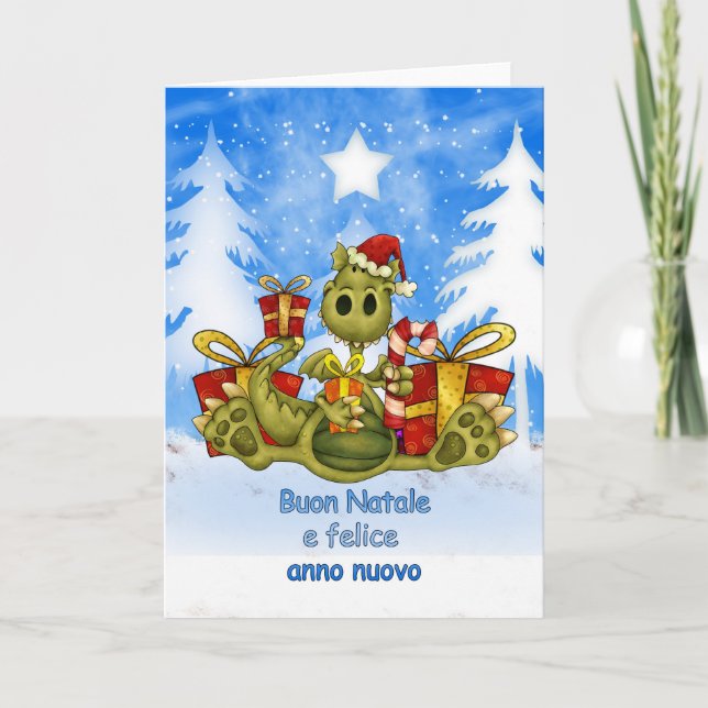 Festividades Cartão de Natal Italiano - Dragão Cute - Buon Nata (Frente)