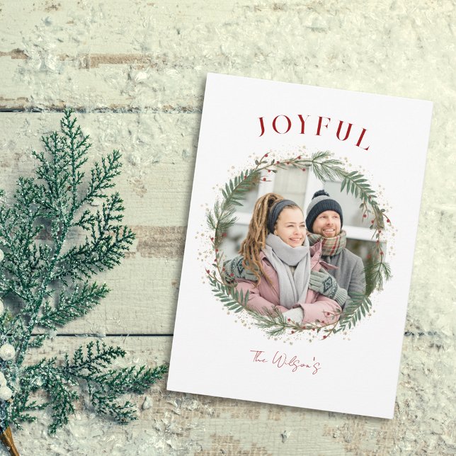 Festividades Cartão de Natal Joyful Elegant Wreath (Joyful Elegant Wreath Photo Christmas Card)