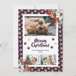 Festividades Cartão de Natal Meowy Botânico em Dourado Roxo