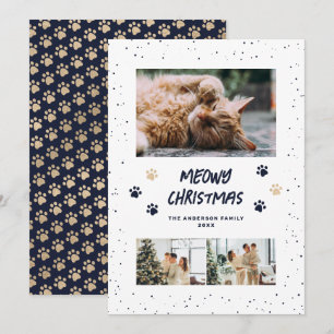 Festividades Cartão de Natal Meowy Foto Patas na Neve Dourado A