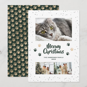 Festividades Cartão de Natal Meowy Green Gold Photo Snow Paws