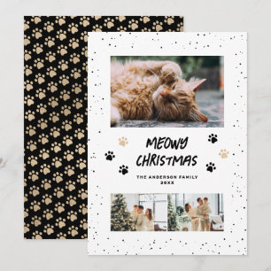 Festividades Cartão de Natal Meowy Patas de Neve Foto Ouro Pret