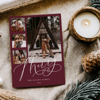 Festividades Cartão de Natal 'Merry Burgundy Multi Photo Collag