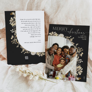 Festividades Cartão de Natal Mínimo Preto Branco Floral Merry