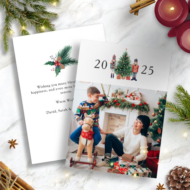 Festividades Cartão de Natal Moderno com Foto de Férias (2025 Nutcracker Modern White Merry Christmas Photo Holiday Card
)