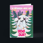 Festividades Cartão de Natal norueguês - pinguins de patinagem<br><div class="desc">Um cartão de Natal com um cumprimento norueguês e os dois pinguins que patinam no gelo em uma paisagem nevado, de uma colagem de papel pintado à mão por Judy Adamson. Eu estarei feliz mudar a pedido o texto da capa através de minha loja e o interior é deixado vazio...</div>