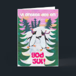 Festividades Cartão de Natal norueguês - pinguins de patinagem<br><div class="desc">Um cartão de Natal com um cumprimento norueguês e os dois pinguins que patinam no gelo em uma paisagem nevado, de uma colagem de papel pintado à mão por Judy Adamson. Eu estarei feliz mudar a pedido o texto da capa através de minha loja e o interior é deixado vazio...</div>