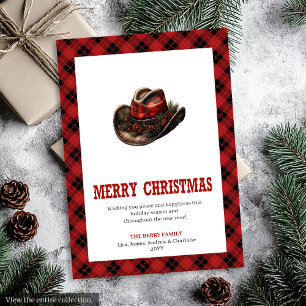 Festividades cartão de Natal ocidental com borda xadrez vermelh