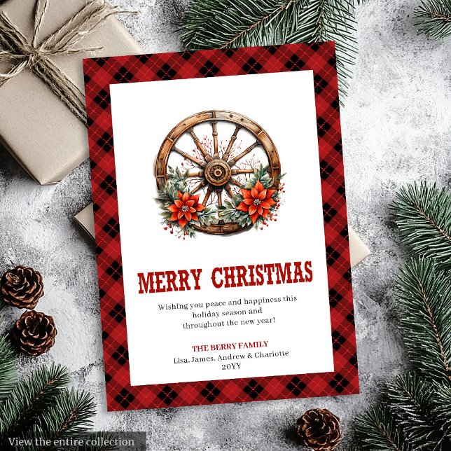 Festividades Cartão de Natal ocidental com xadrez de roda de ca (Western greeting card with wagon wheel plaid

)