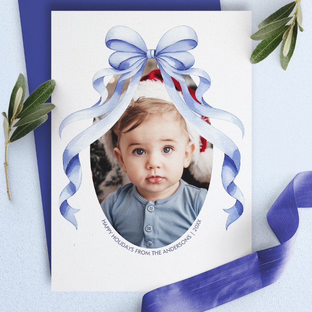 Festividades Cartão de Natal Oval com Laço Azul (Criador carregado)