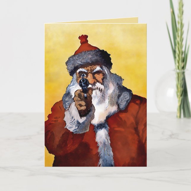 Festividades Cartão de Natal Papai Noel Antigo com uma Arma (Frente)