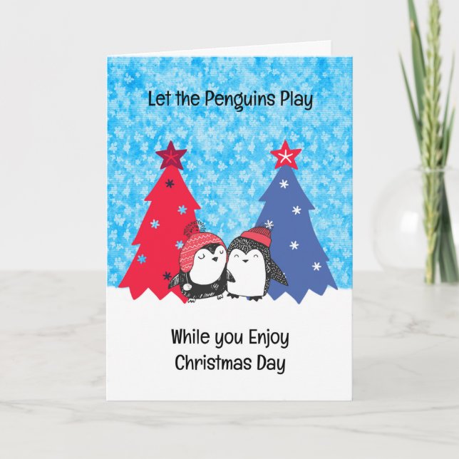 Festividades Cartão de Natal para pinguins com árvores e neve (Frente)