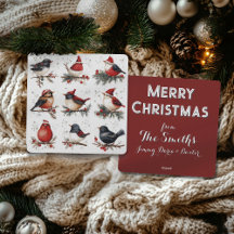 Cartão de Natal Personalizável Com Aves em Aquarel