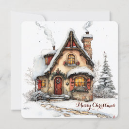 Festividades Cartão de Natal Personalizável Com Casa em Aquarel