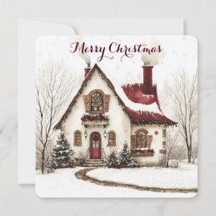 Festividades Cartão de Natal Personalizável Com Casa em Aquarel