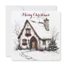 Cartão de Natal Personalizável Com Casa em Aquarel