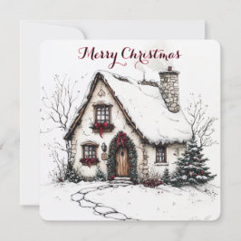 Festividades Cartão de Natal Personalizável Com Casa em Aquarel