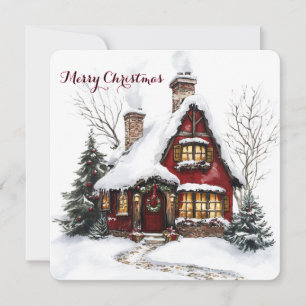 Festividades Cartão de Natal Personalizável Com Casa em Aquarel