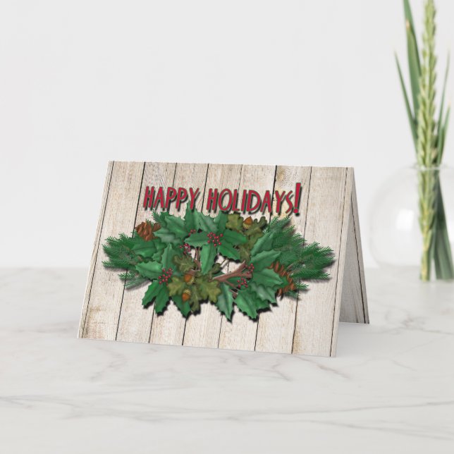 Festividades Cartão de Natal Pine Swag Wood Background (Frente)
