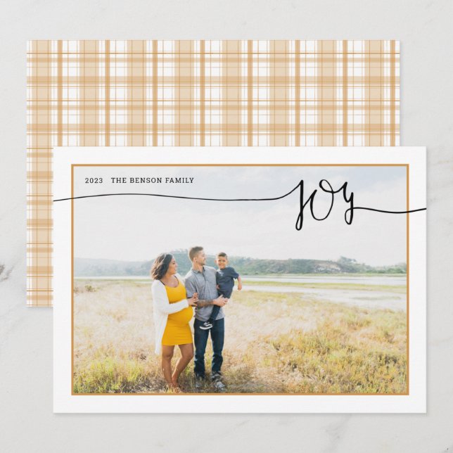 Festividades Cartão de Natal Plaid JOY Minimal Script Dourado (Frente/Verso)