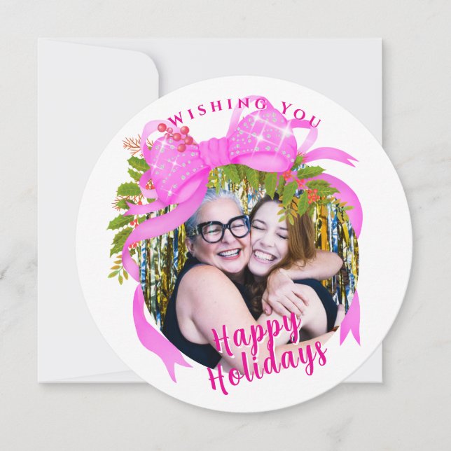 Festividades Cartão de Natal Plano com Fita Rosa Brilhante (Frente)